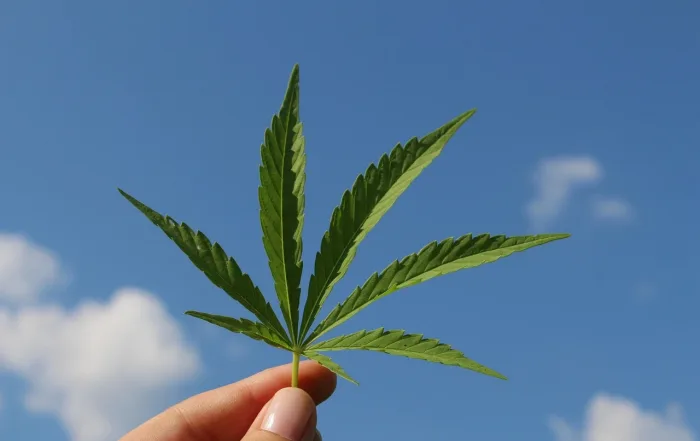 A hand holding a green cannabis (marijuana) leaf against a clear blue sky with a few white clouds. The image is bright and vibrant, emphasizing the fresh, natural quality of the cannabis leaf.
